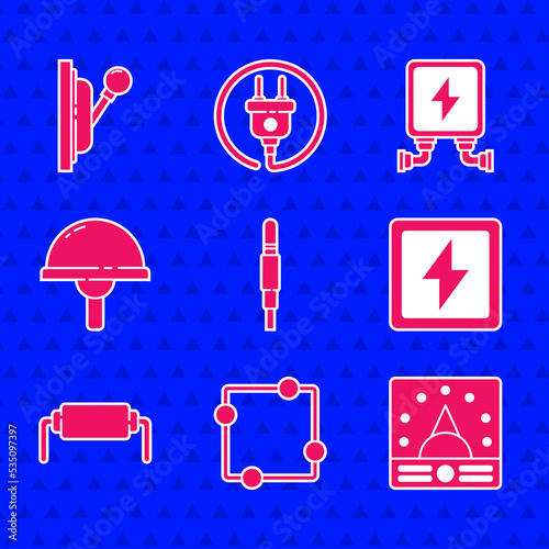 Set Audio jack, Electric circuit scheme, Ampere meter, multimeter, voltmeter, Lightning bolt, Resistor electricity, emitting diode, transformer and Electrical panel icon. Vector