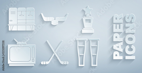 Set Ice hockey sticks, Award cup, Retro tv, Crutch or crutches, and puck and Locker changing room icon. Vector