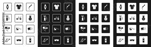 Set Bicycle air pump, Smart watch, Derailleur bicycle rear, Cycling t-shirt, head lamp and helmet icon. Vector