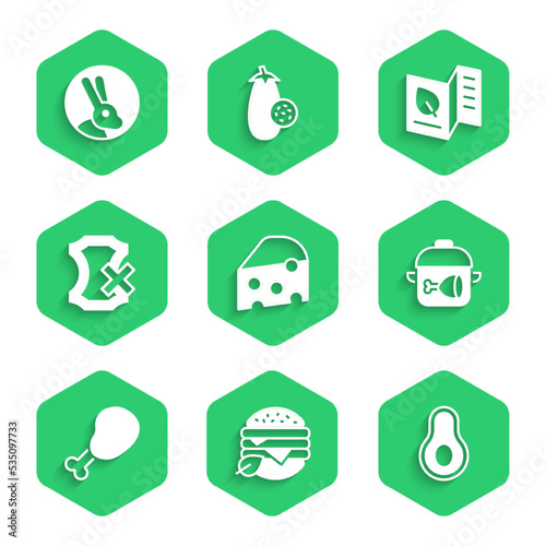 Set Cheese, Vegan food diet, Avocado fruit, Cooking pot and chicken leg, Chicken, No leather, Vegetarian menu and Rabbit icon. Vector
