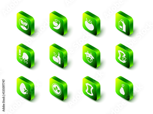 Set Apple and banana, Tomato, Paper package for milk, No leather, Pear, Cow head, Leather and Vegan food diet icon. Vector