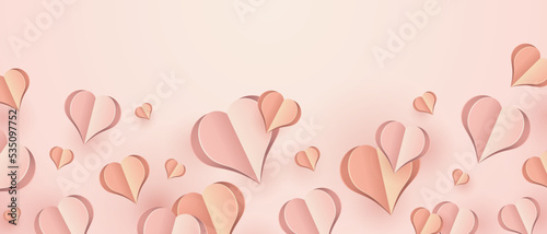 Paper elements in shape of heart flying on pink background. Vector symbols of love for Happy Women's, Mother's Day, or Birthday greeting card. Vector illustration