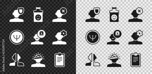 Set Psychology, Antidepressants, Solution problem in psychology, Bipolar disorder, Concussion, headache, Psychological test, and Male doctor icon. Vector
