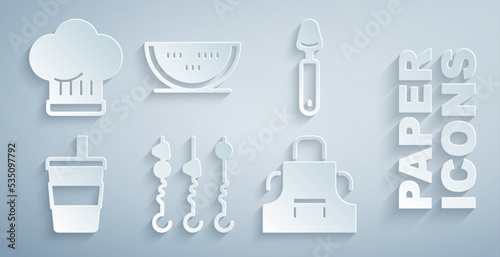 Set Grilled shish kebab on skewer, Spoon, Paper glass with water, Kitchen apron, Watermelon and Chef hat icon. Vector