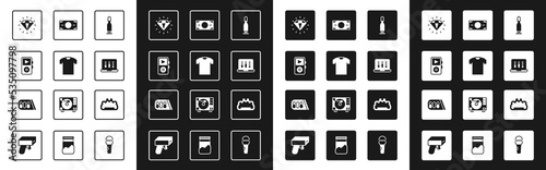 Set Bullet, T-shirt, Music player, Diamond, Sound or audio recorder, Stacks paper money cash, Brass knuckles and Drum machine music icon. Vector