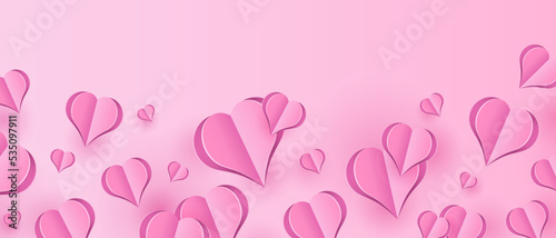 Paper elements in shape of heart flying on pink background. Vector symbols of love for Happy Women's, Mother's Day, or Birthday greeting card. Vector illustration