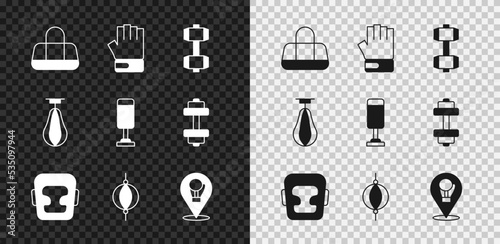 Set Sport bag, MMA glove, Dumbbell, Boxing helmet, Punching, and icon. Vector