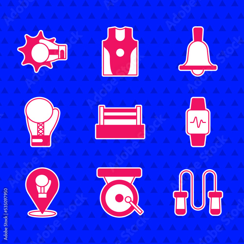 Set Boxing ring, gong, Jump rope, Smart watch with heart, glove, bell and Punch boxing icon. Vector