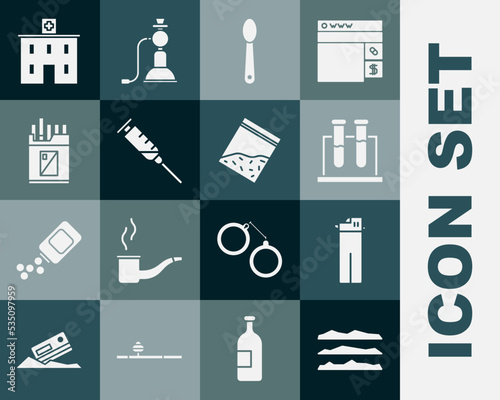 Set Cocaine or heroin drug, Lighter, Test tube and flask, Heroin spoon, Syringe, Open cigarettes pack box, Medical hospital building and Plastic bag of icon. Vector