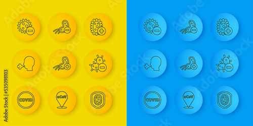 Set line Corona virus covid-19, Man coughing, Positive, Shield protecting from, Negative, and icon. Vector