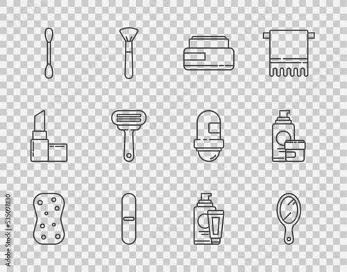 Set line Sponge with bubbles, Hand mirror, Cream lotion cosmetic tube, Nail file, Cotton swab for ears, Shaving razor, and icon. Vector