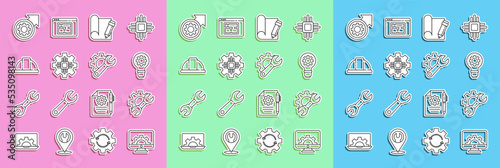 Set line Computer monitor and gear, Wrench spanner, Light bulb, Graphing paper pencil, Processor, Worker safety helmet, Gear arrows as workflow process and icon. Vector