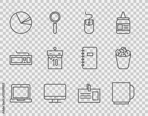 Set line Laptop, Coffee cup, Computer mouse, monitor screen, Pie chart infographic, Calendar, Identification badge and Full trash can icon. Vector