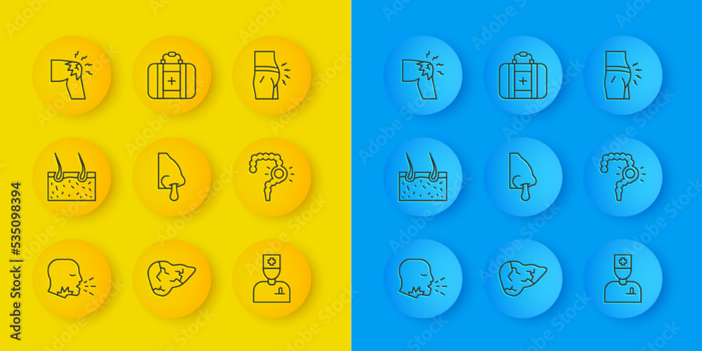 Set line Man coughing, Hair covering skin, Runny nose, Male doctor, Gut