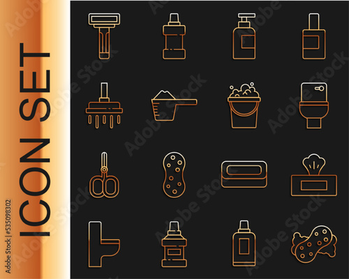 Set line Sponge, Wet wipe pack, Toilet bowl, Bottle of shampoo, Washing powder, Shower head, Shaving razor and Bucket with soap suds icon. Vector
