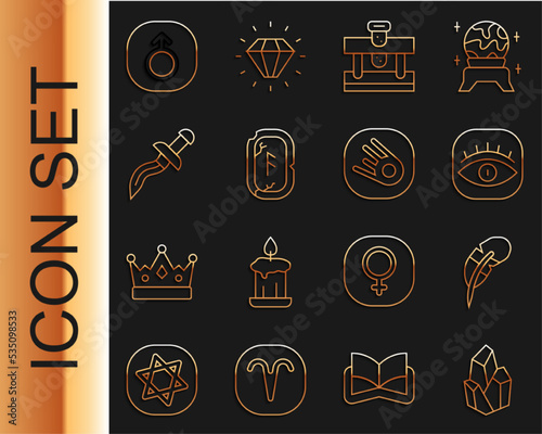 Set line Magic stone, Feather pen, Masons, Bottle with potion, runes, Dagger, Mars and Comet falling down fast icon. Vector