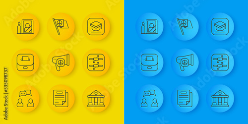 Set line Speech bubble chat, Vote box, Peace, Courthouse building, Barbed wire, Mourning photo frame, Graduation cap and icon. Vector