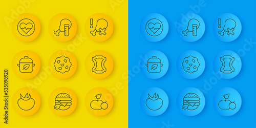 Set line Tomato, Vegan food diet, Cookie or biscuit, Apple, Leather, Heart rate, No chicken leg and Genetically modified icon. Vector