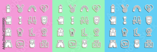 Set line Sport mechanical scoreboard, Boxing glove, training paws, Mouth guard boxer, Dumbbell, MMA, Fitness shaker and Jump rope icon. Vector