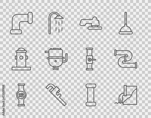 Set line Water meter, Wastewater, tap, Pipe adjustable wrench, Industry metallic pipe, Electric boiler for heating, and icon. Vector