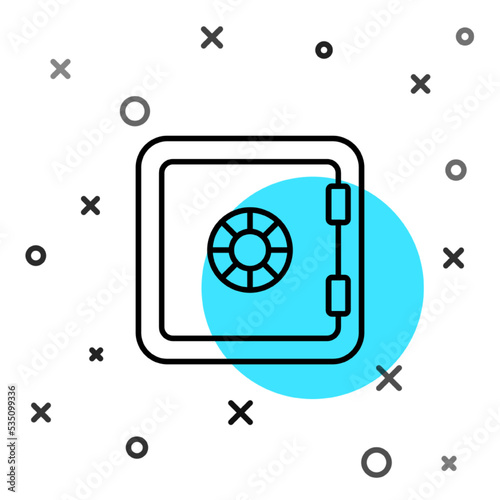 Black line Safe icon isolated on white background. The door safe a bank vault with a combination lock. Reliable Data Protection. Random dynamic shapes. Vector