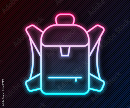 Glowing neon line Hiking backpack icon isolated on black background. Camping and mountain exploring backpack. Vector
