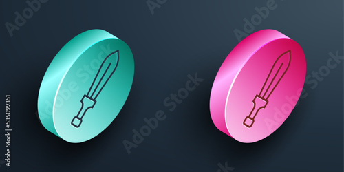 Isometric line Sword toy icon isolated on black background. Turquoise and pink circle button. Vector