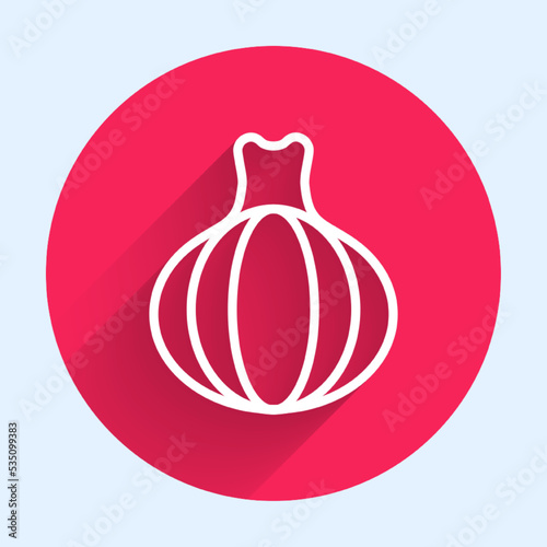 White line Onion icon isolated with long shadow background. Red circle button. Vector