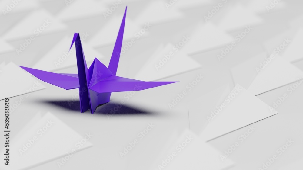 Origami of purple crane and many airplanes on white board under white lighting background. Concept 3D CG of Japanese traditional culture, wish for world peace and legendary president.