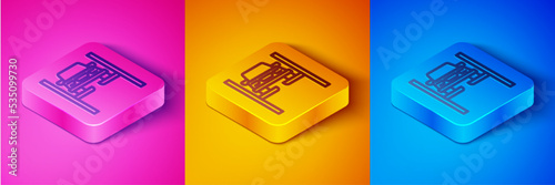 Isometric line Repair car on lift icon isolated on pink and orange, blue background. Repair of the underbody, suspension, wheels and engine. Square button. Vector