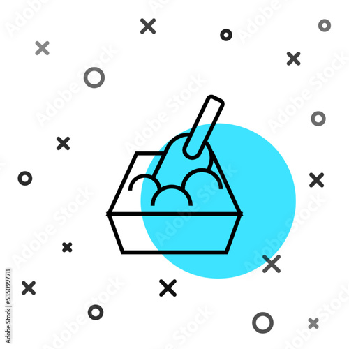 Black line Cat litter tray with shovel icon isolated on white background. Sandbox cat with shovel. Random dynamic shapes. Vector