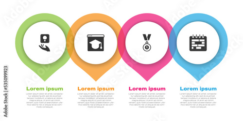 Set Light bulb, Online education, Medal and Calendar. Business infographic template. Vector