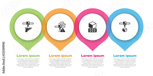 Set 3D printer gun, warning, services and cube. Business infographic template. Vector