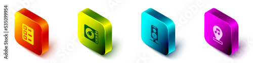 Set Isometric Music playlist, Vinyl player with vinyl disk, Stereo speaker and note, tone icon. Vector