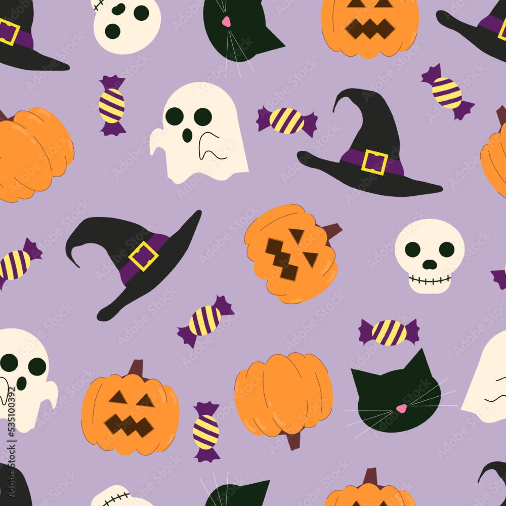 Cute Halloween seamless pattern with a ghost, witch hat, pumpkin, jack o lantern, skull, black cat, and candies. For the spooky October holiday.