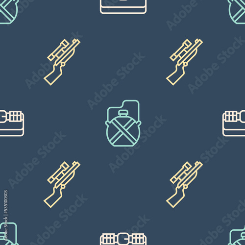 Set line Hunting cartridge belt, Sniper rifle with scope and Canteen water bottle on seamless pattern. Vector