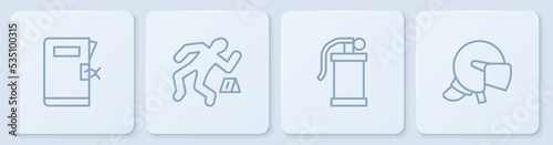 Set line Police station folder, Hand smoke grenade, Crime scene and helmet. White square button. Vector