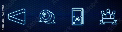 Set line Billiard table, triangle, ball and Bowling pin. Glowing neon icon on brick wall. Vector