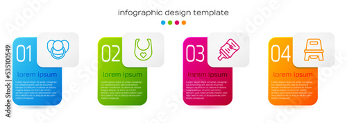 Set line Baby dummy pacifier, bib, bottle and potty. Business infographic template. Vector