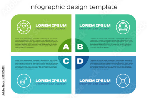 Set line Mars symbol, Sun, Gemini zodiac and Libra. Business infographic template. Vector