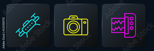 Set line Drone, Seismograph and Photo camera. Black square button. Vector