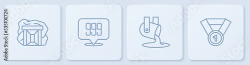 Set line Gold mine, Molten gold being poured, bars 24k and medal. White square button. Vector