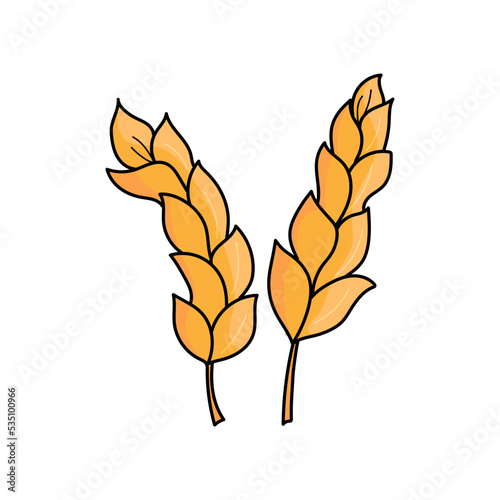 Two cartoon wheat ears on white background vector illustration. Orange simple hand-drawn drawing