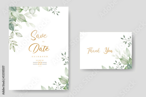 Green Leaves Watercolor Wedding Invitation Card Template   