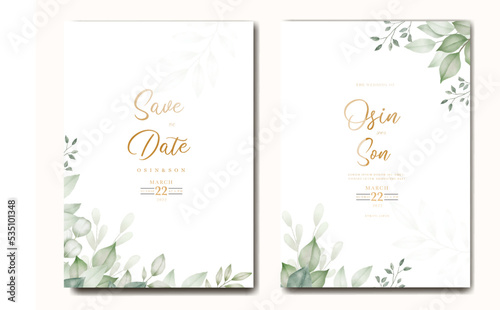 Green Leaves Watercolor Wedding Invitation Card Template  ,