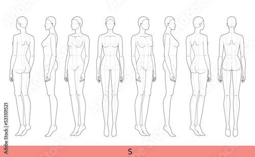 Set of S Size Women Fashion template 9 nine head Croquis Lady model skinny body with main lines figure front, side, 3-4, back view. Vector isolated outline girl for Illustration, technical drawing