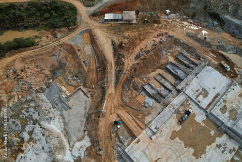 Pedreira, Sao Paulo, Brazil. October 01 2022: Aerial view of the construction of the dam in the city of Pedreira in the interior of São Paulo.