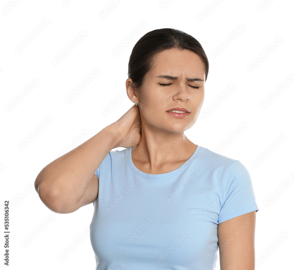Young woman suffering from neck pain on white background Young woman suffering from neck pain on white background