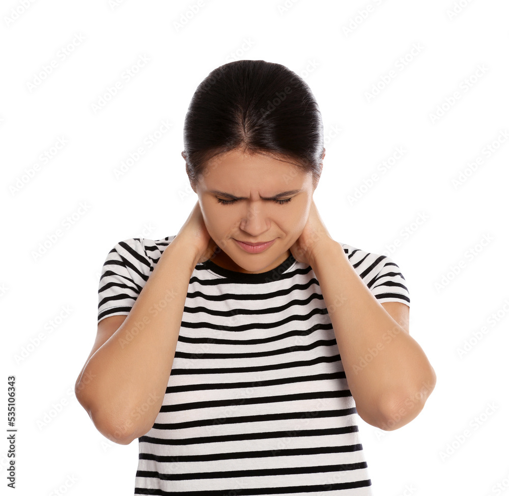 Young woman suffering from neck pain on white background Young woman suffering from neck pain on white background