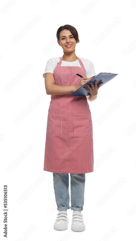 Young woman in red striped apron with clipboard on white background Young woman in red striped apron with clipboard on white background